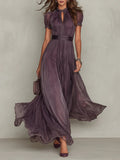 Abito maxi viola in chiffon con scollo a goccia e bordo in pizzo