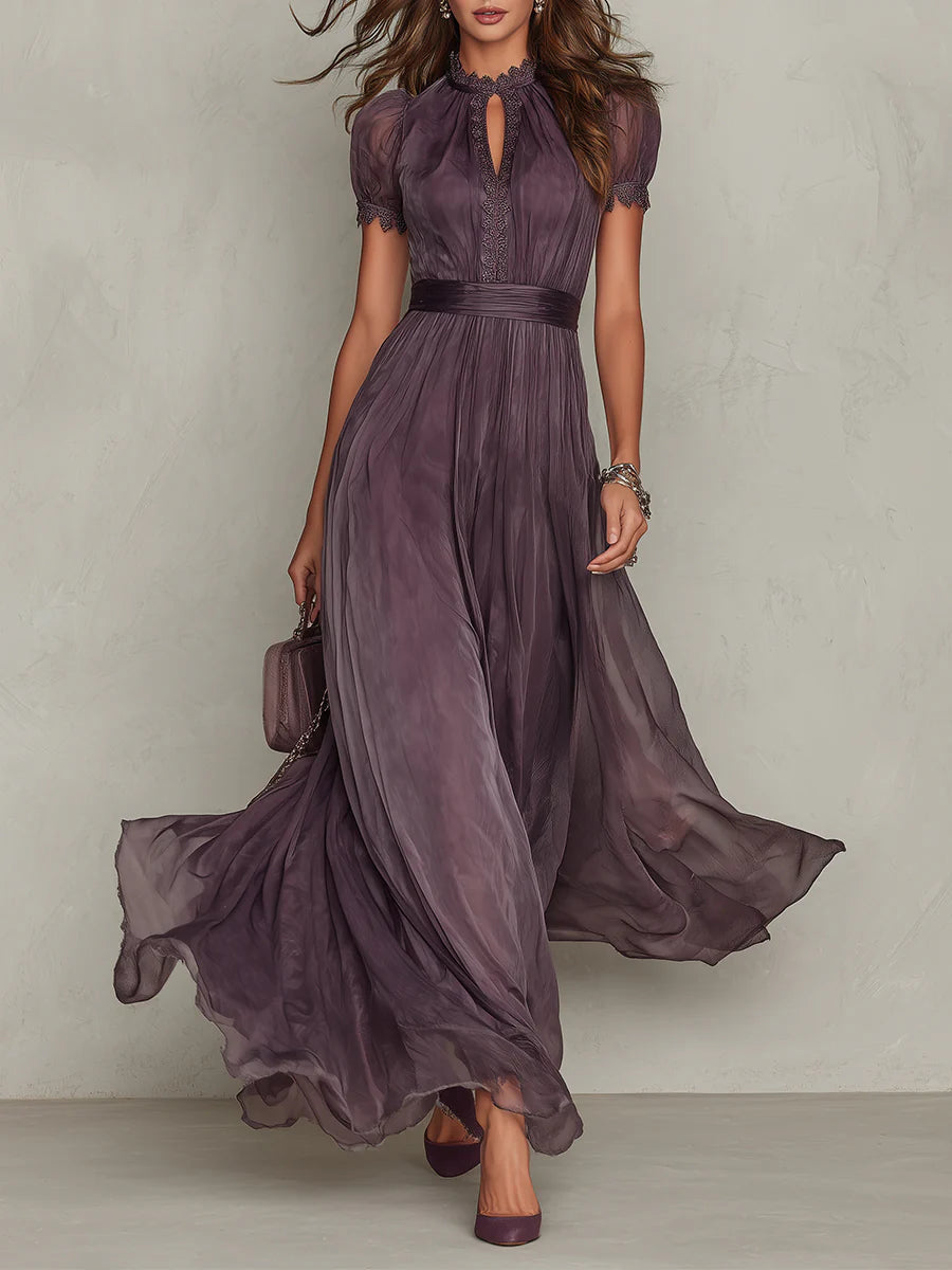 Abito maxi viola in chiffon con scollo a goccia e bordo in pizzo
