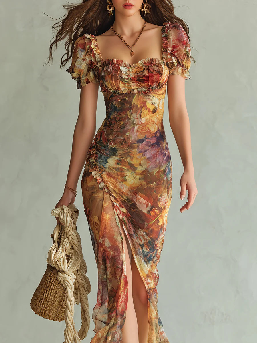 Viola | Lungo abito in chiffon arancione con stampa bohémien stile dipinto a olio