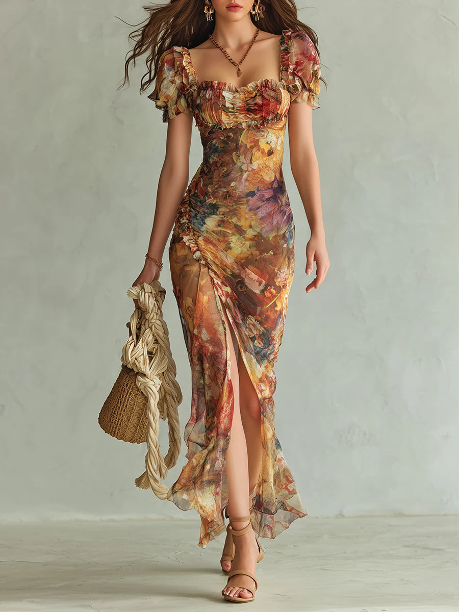 Abito maxi arancione in chiffon bohémien con stampa stile dipinto a olio