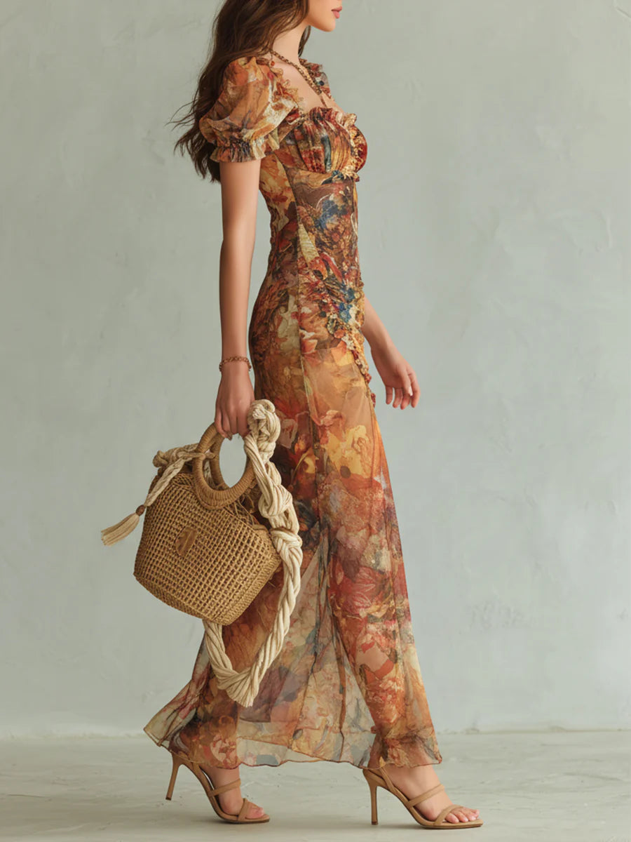 Viola | Lungo abito in chiffon arancione con stampa bohémien stile dipinto a olio