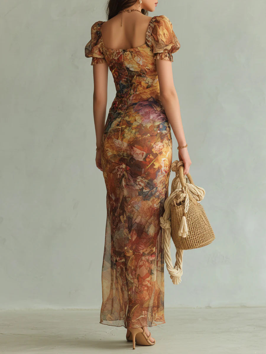 Viola | Lungo abito in chiffon arancione con stampa bohémien stile dipinto a olio