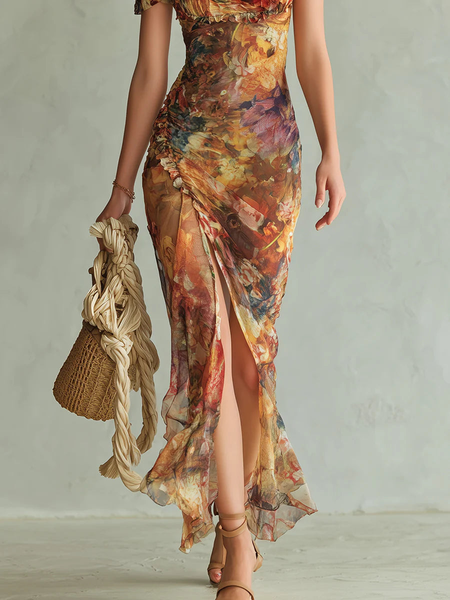 Abito maxi arancione in chiffon bohémien con stampa stile dipinto a olio