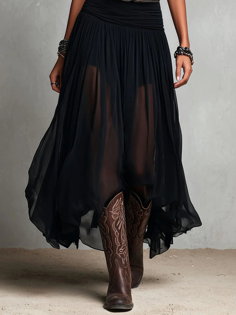 Abito maxi nero con top senza maniche e gonna in tulle (con cintura)