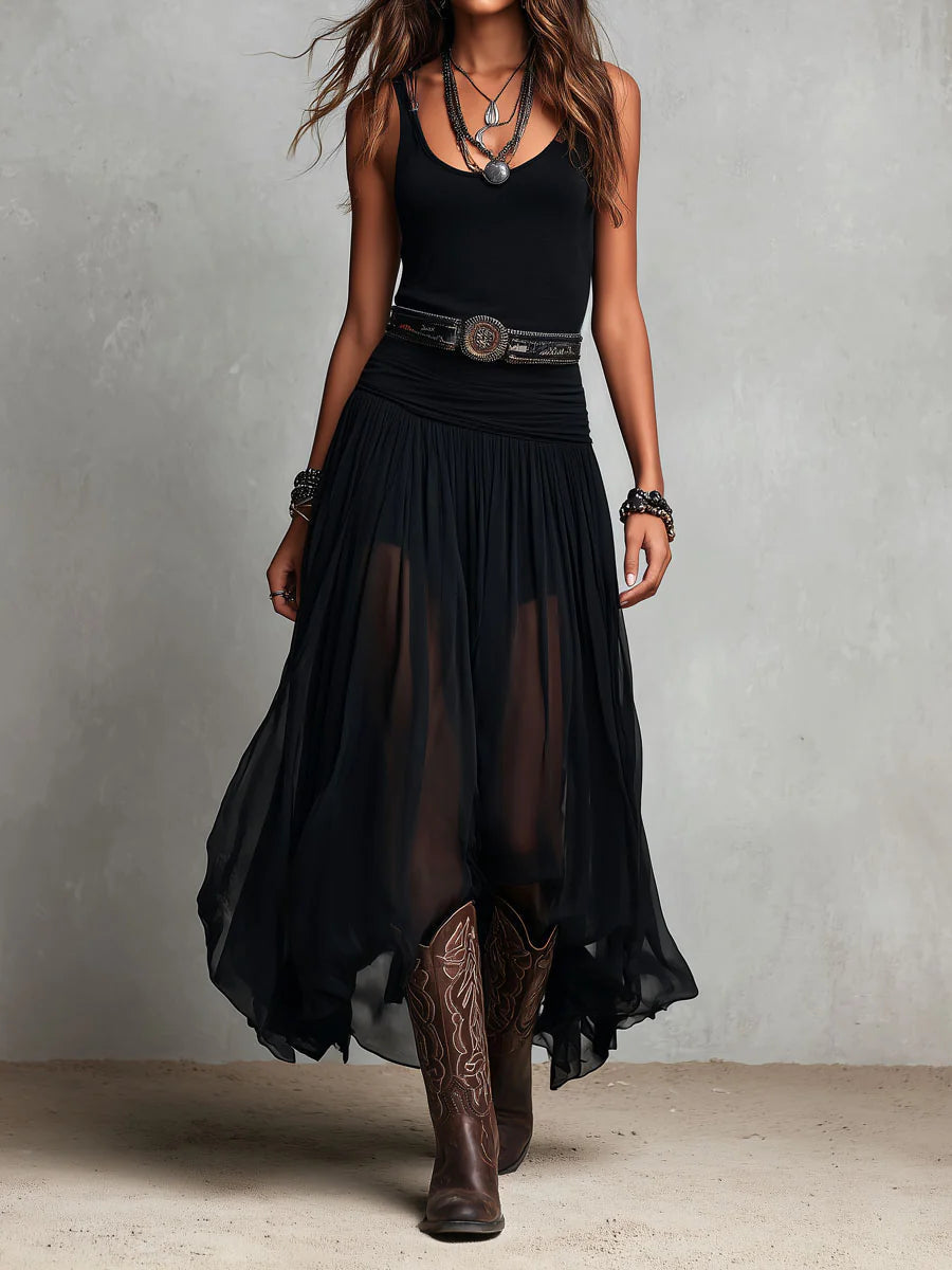 Abito maxi nero con top senza maniche e gonna in tulle (con cintura)