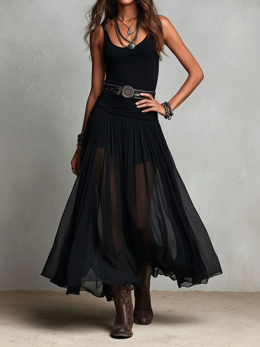 Abito maxi nero con top senza maniche e gonna in tulle (con cintura)