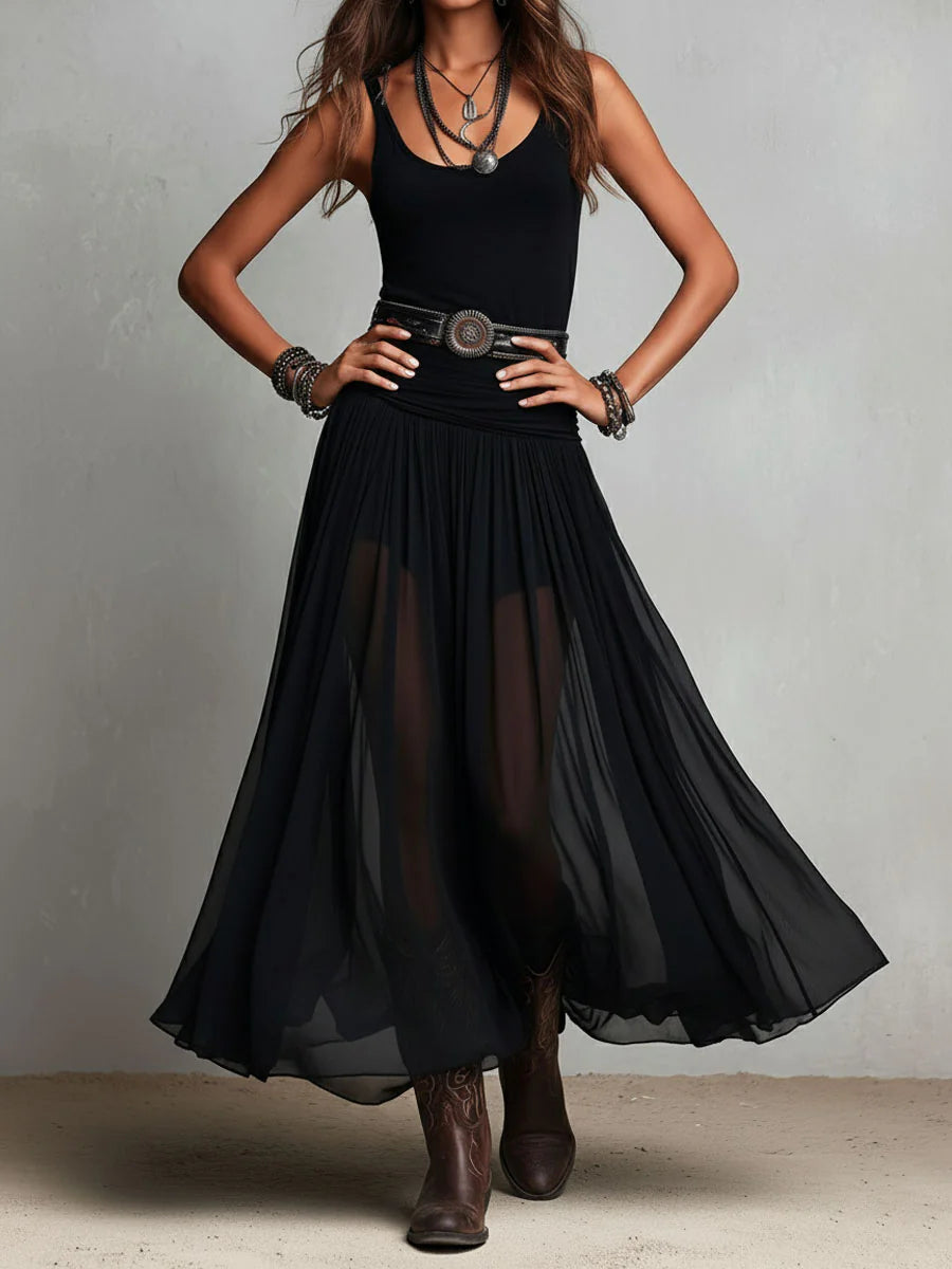 Abito maxi nero con top senza maniche e gonna in tulle (con cintura)