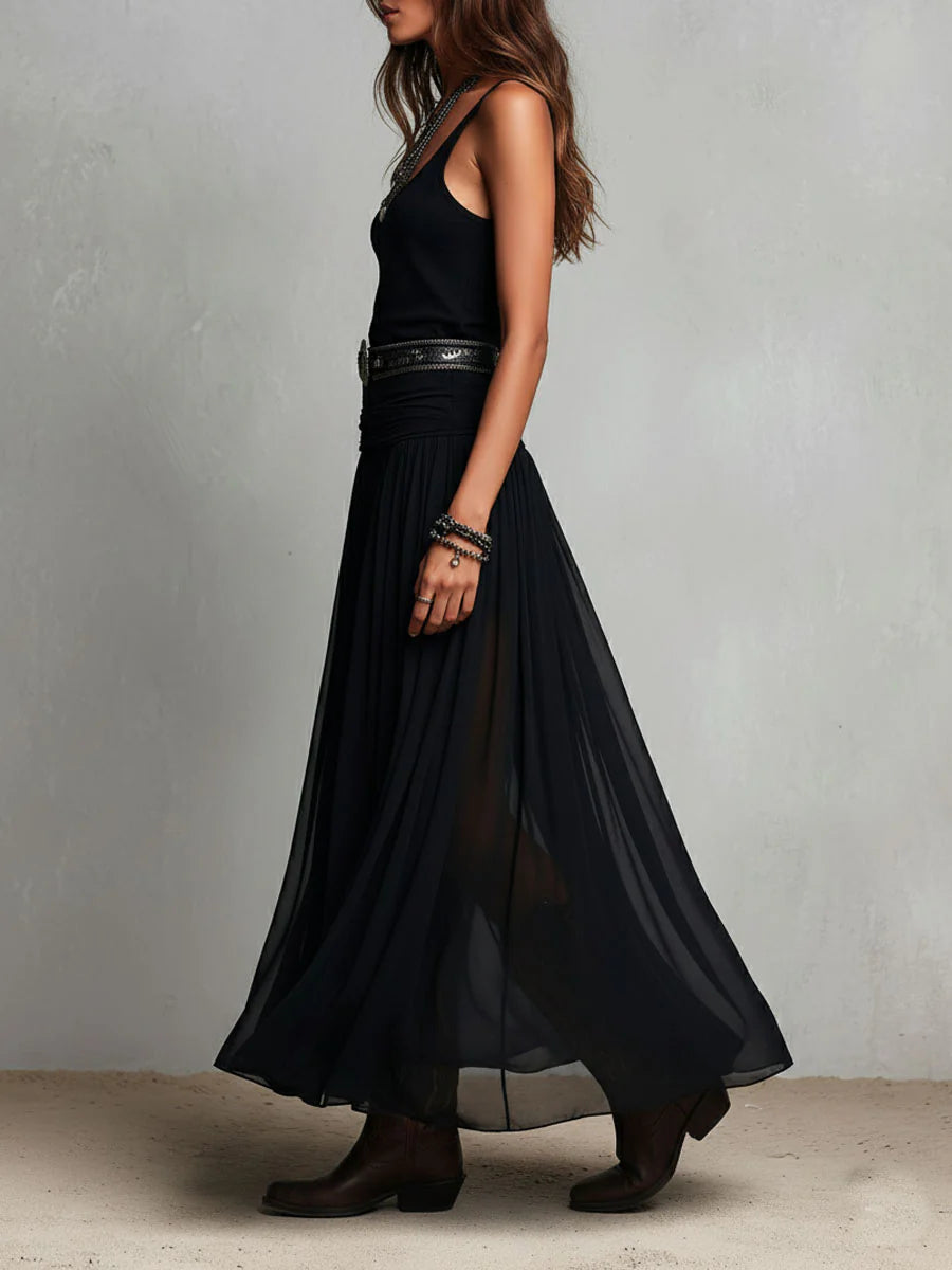 Abito maxi nero con top senza maniche e gonna in tulle (con cintura)