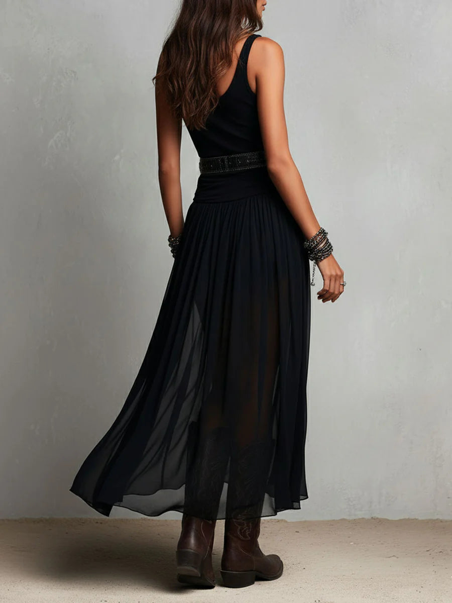 Abito maxi nero con top senza maniche e gonna in tulle (con cintura)