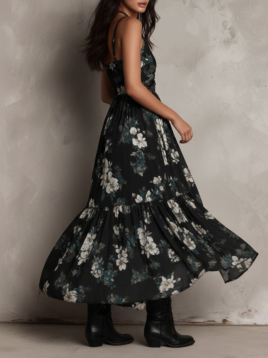 Abito maxi nero bohémien a fiori, senza spalline, asimmetrico