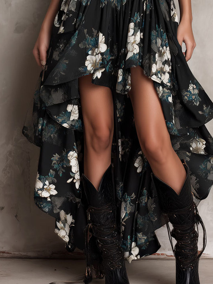 Abito maxi nero bohémien a fiori, senza spalline, asimmetrico