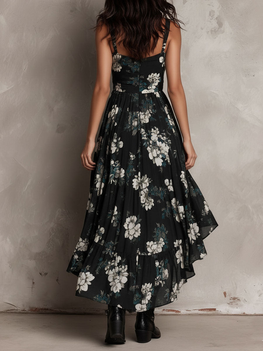 Abito maxi nero bohémien a fiori, senza spalline, asimmetrico