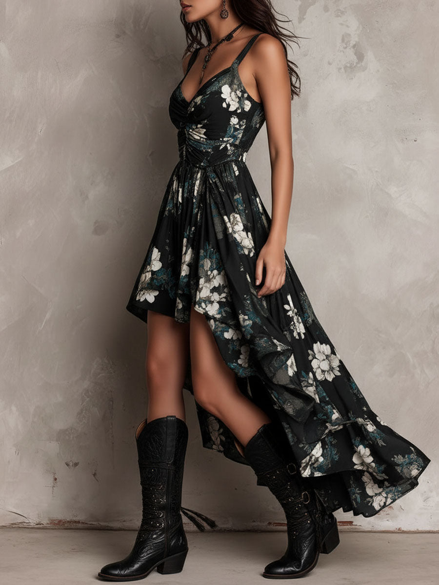 Abito maxi nero bohémien a fiori, senza spalline, asimmetrico