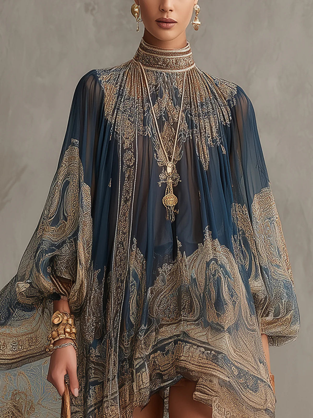 Mini abito in chiffon blu navy con stampa barocca e collo alto