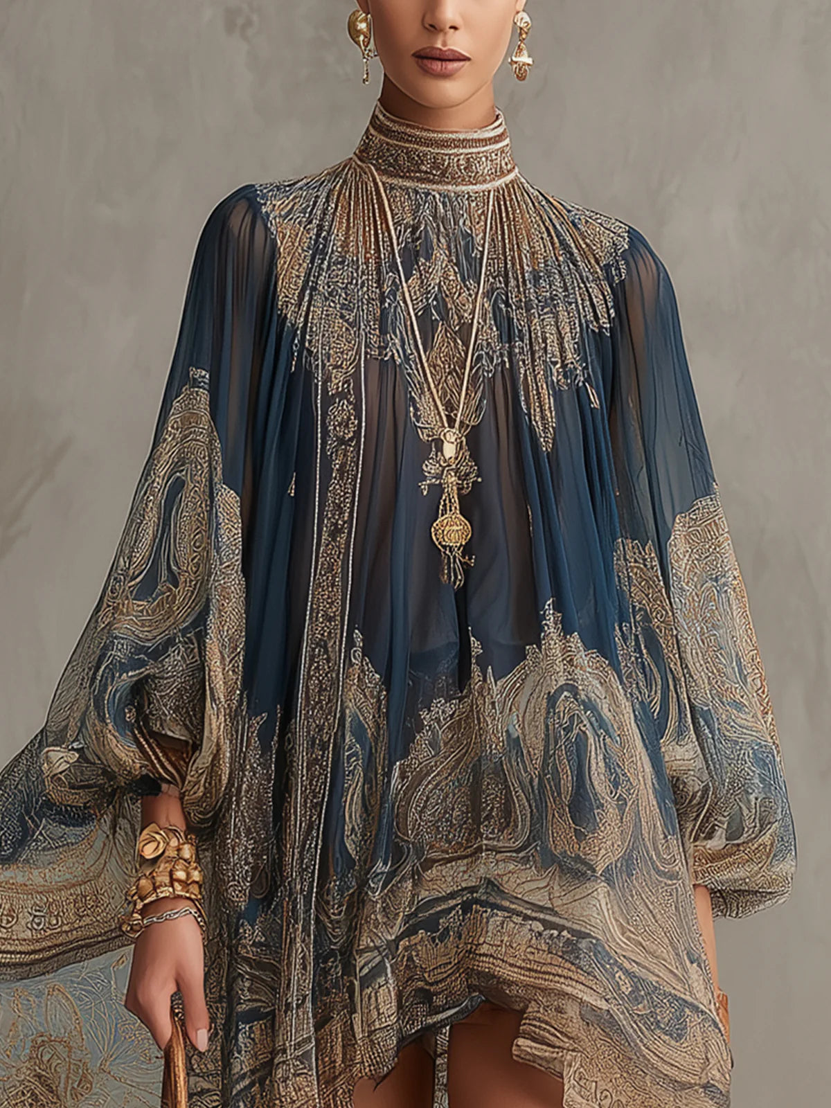 Mini abito in chiffon blu navy con stampa barocca e collo alto
