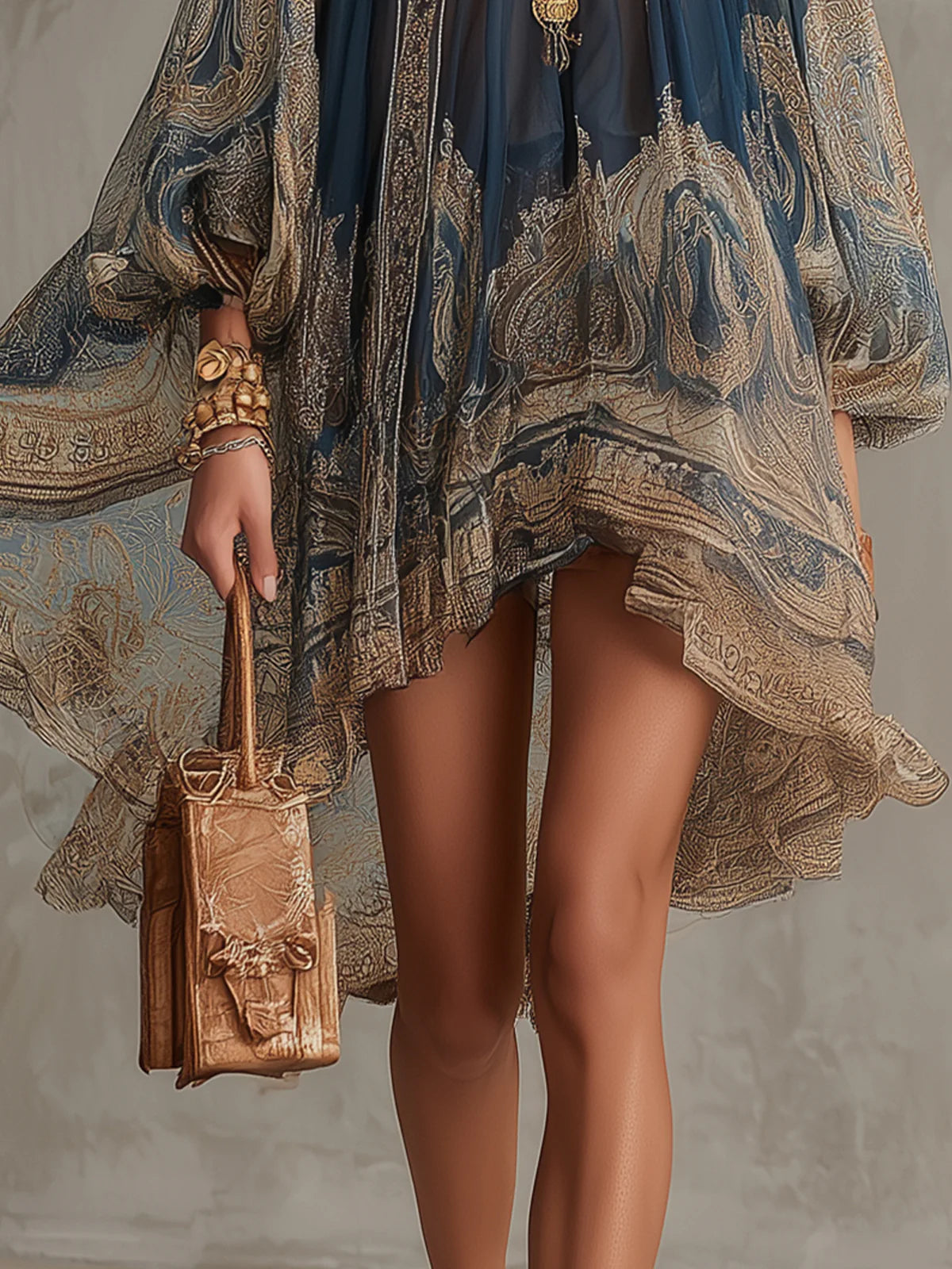 Mini abito in chiffon blu navy con stampa barocca e collo alto