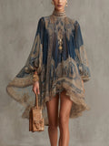 Mini abito in chiffon blu navy con stampa barocca e collo alto