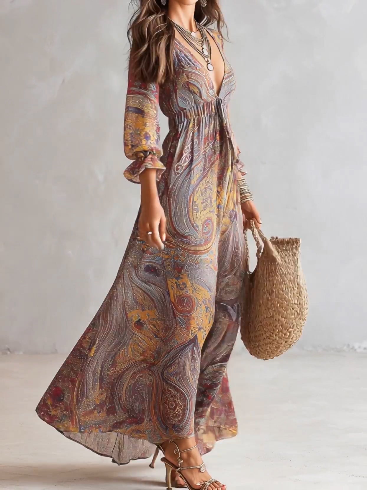 Abito maxi in chiffon arricciato con scollo a V e stampa paisley