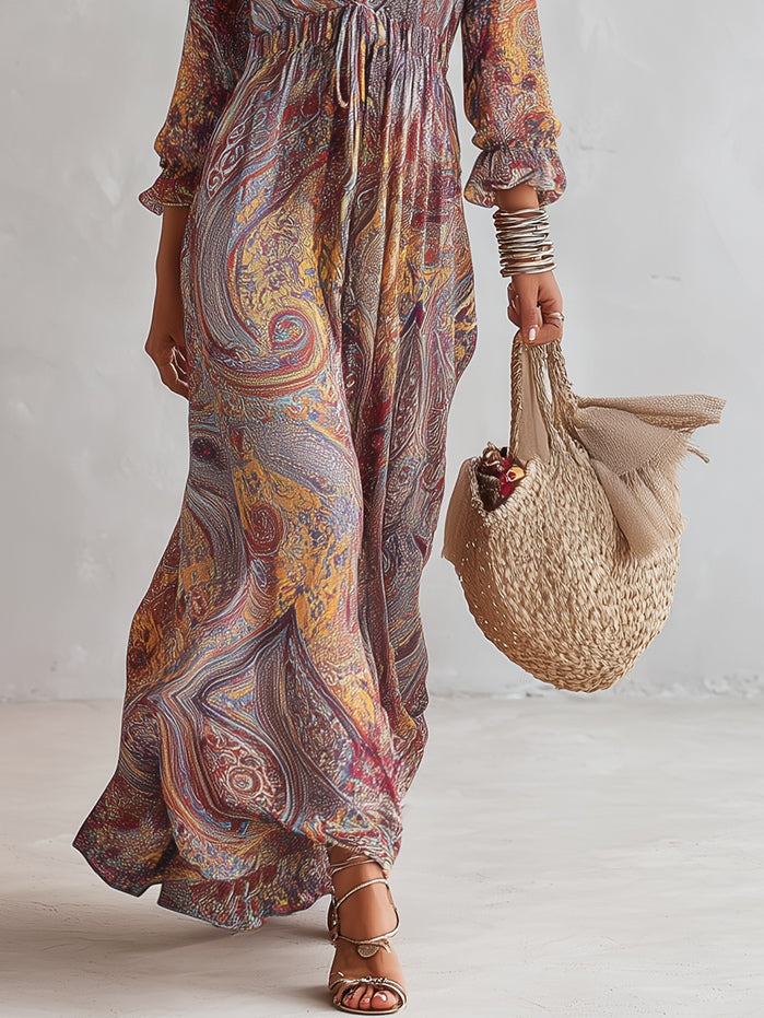 Abito maxi in chiffon arricciato con scollo a V e stampa paisley