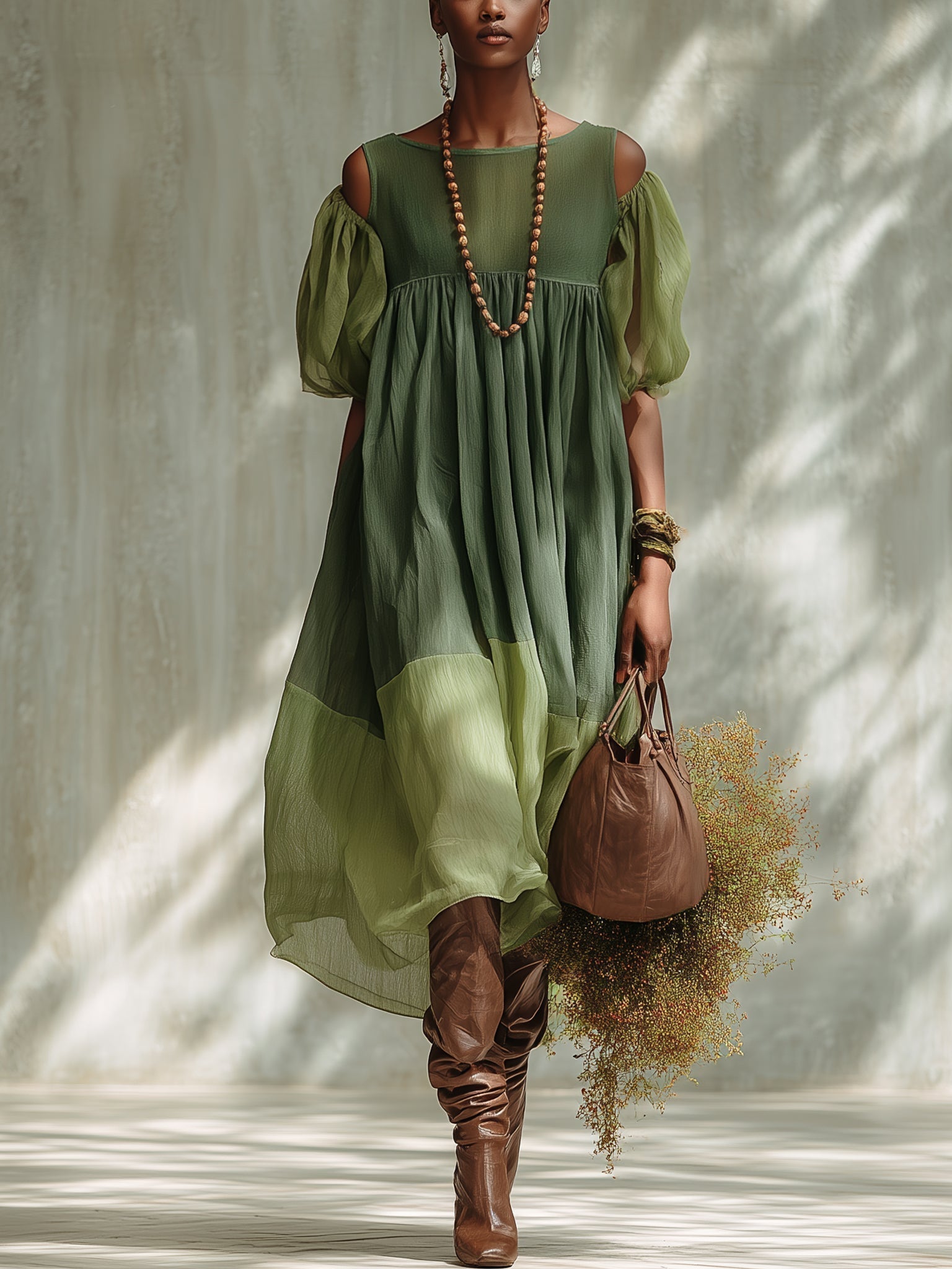 Abito midi verde in chiffon a spalle scoperte, maniche corte