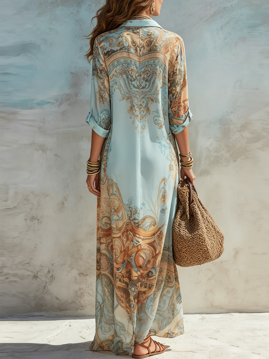 Abito maxi camicia azzurro a fiori, stile vacanza