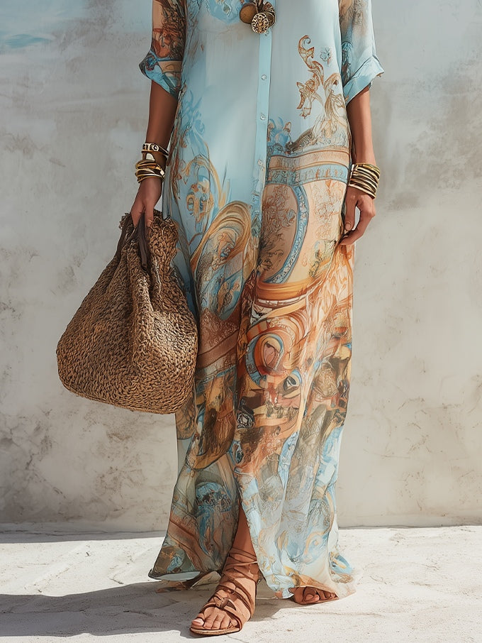 Abito maxi camicia azzurro a fiori, stile vacanza