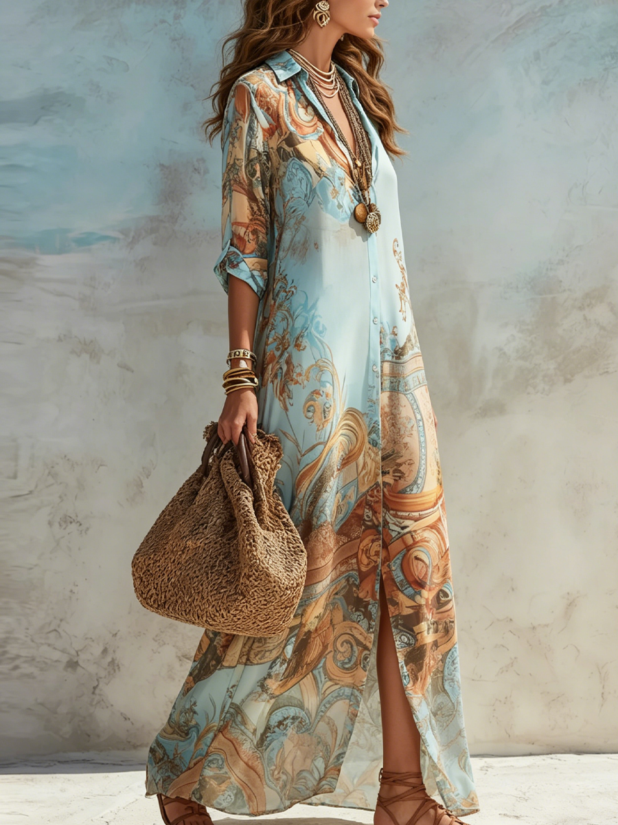 Abito maxi camicia azzurro a fiori, stile vacanza