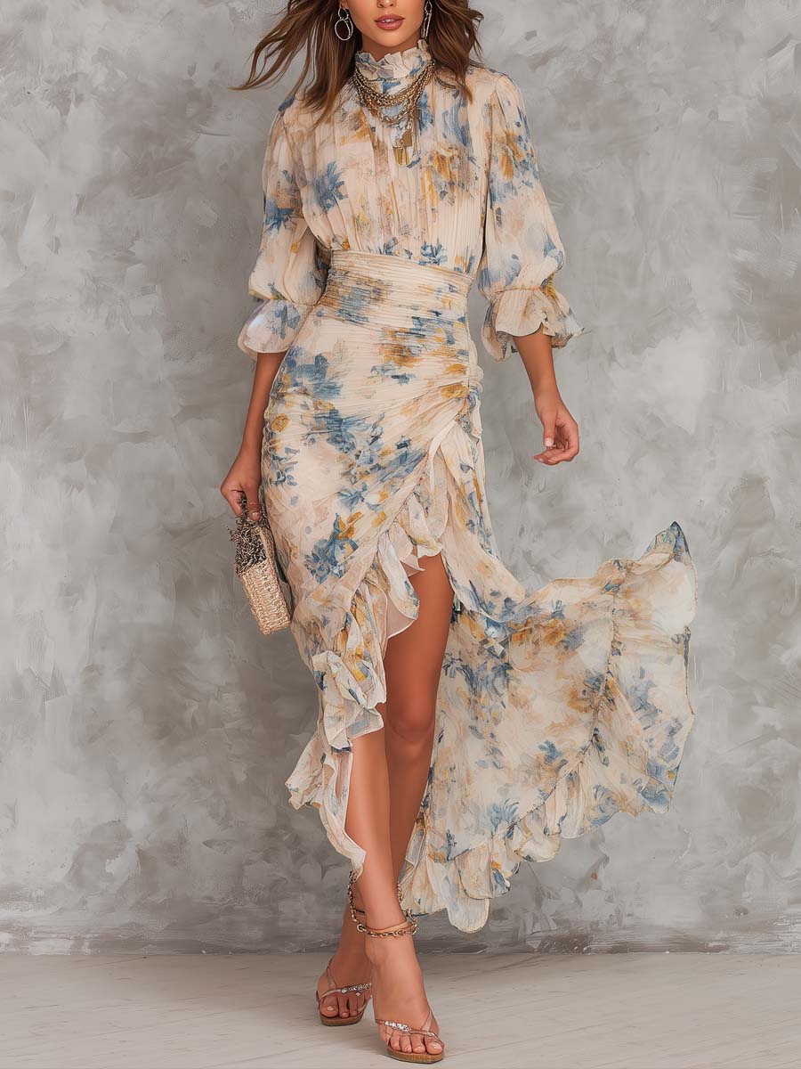 Abito maxi in chiffon beige a collo alto con stampa floreale stile dipinto a olio