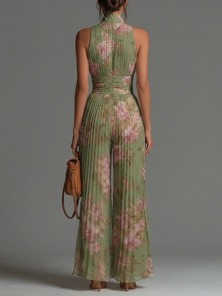 Tuta in chiffon verde a fiori con scollo a V, senza maniche, zip e pieghe a gamba larga