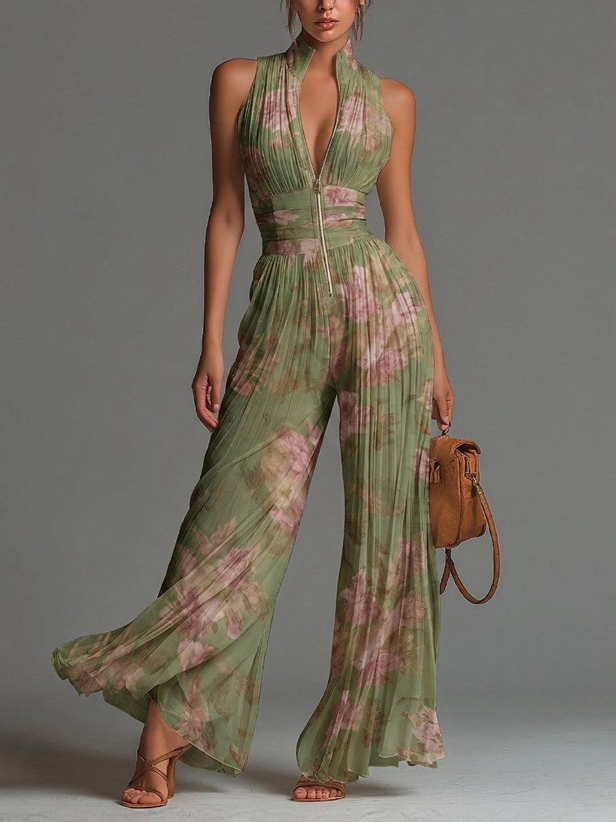 Tuta in chiffon verde a fiori con scollo a V, senza maniche, zip e pieghe a gamba larga