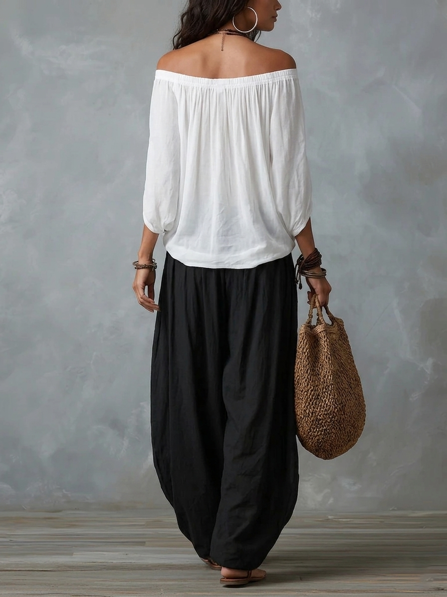 Set bianco con top a spalle scoperte e pantaloni lantern morbidi