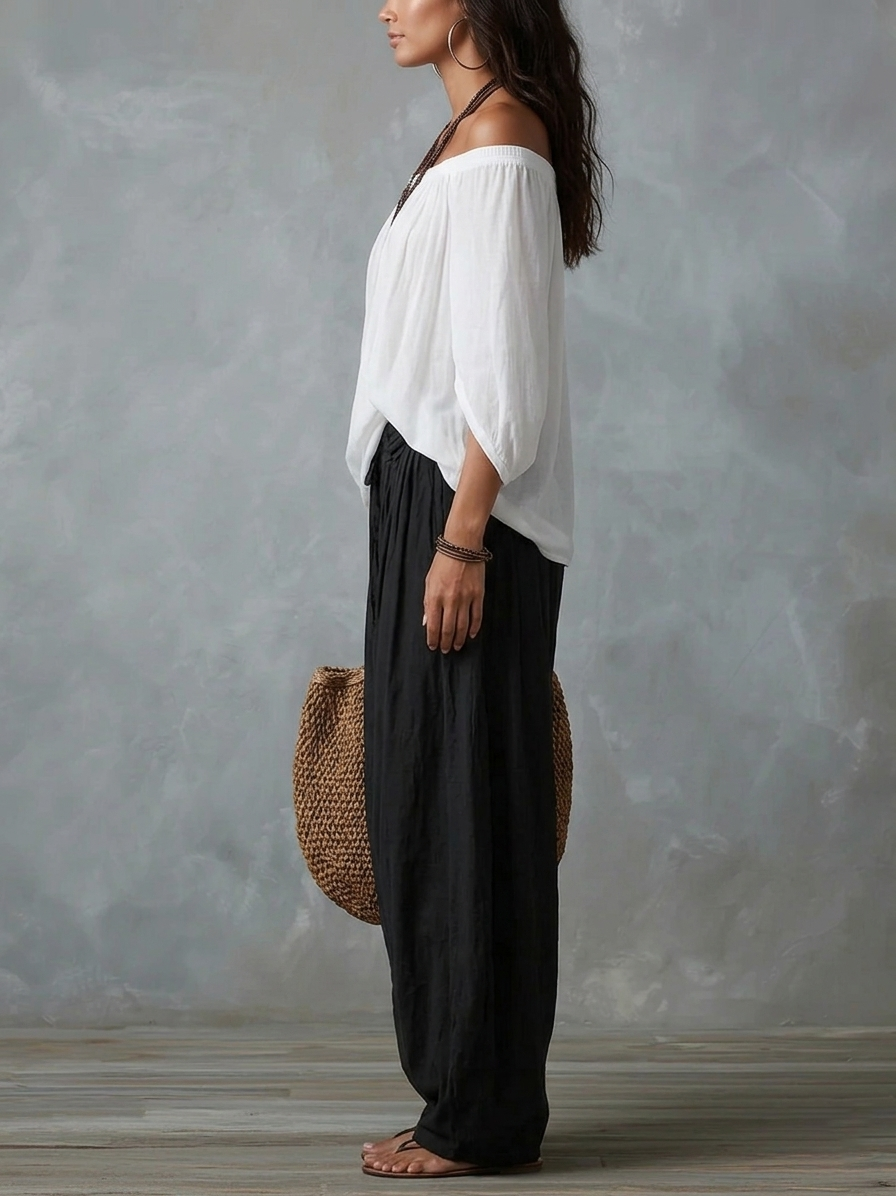 Set bianco con top a spalle scoperte e pantaloni lantern morbidi