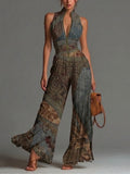 Tuta in chiffon con stampa etnica bohémien, senza maniche, zip e pieghe a gamba larga