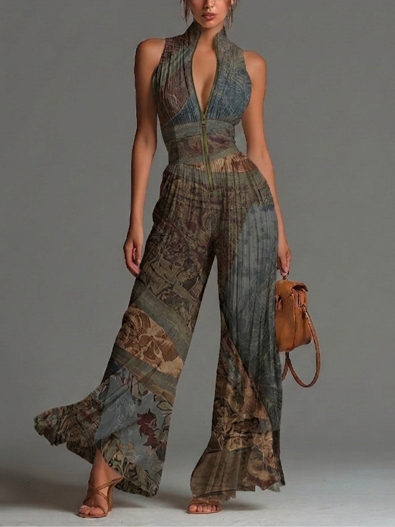 Tuta in chiffon con stampa etnica bohémien, senza maniche, zip e pieghe a gamba larga