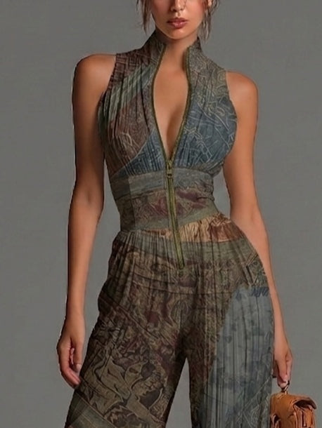 Tuta in chiffon con stampa etnica bohémien, senza maniche, zip e pieghe a gamba larga