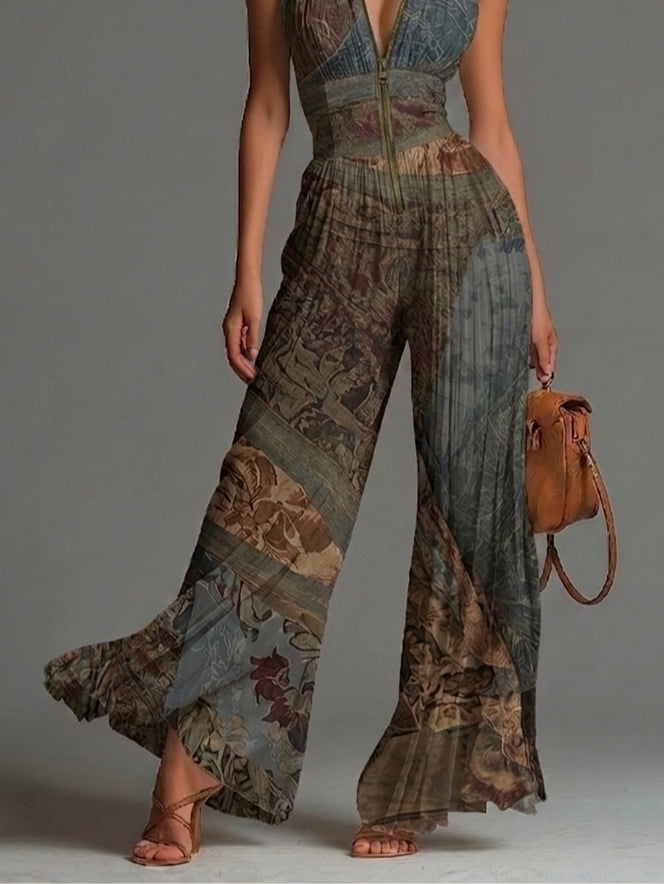 Tuta in chiffon con stampa etnica bohémien, senza maniche, zip e pieghe a gamba larga