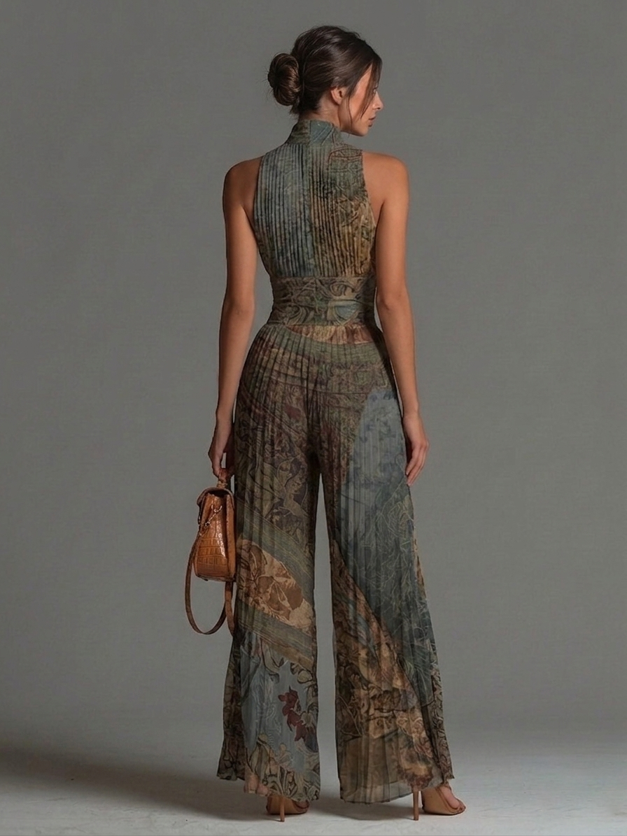 Tuta in chiffon con stampa etnica bohémien, senza maniche, zip e pieghe a gamba larga