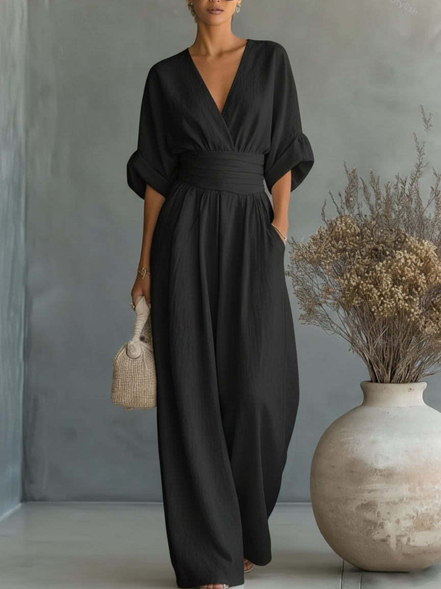 Elegante tuta a vita alta con scollo a V • S1
