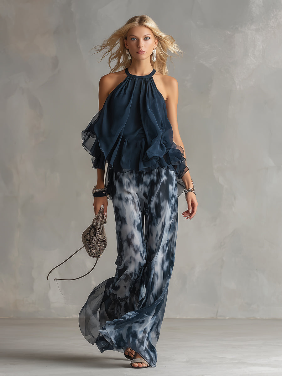 Ludovica | Elegante top blu navy a collo alto e set pantaloni stampati a gamba larga