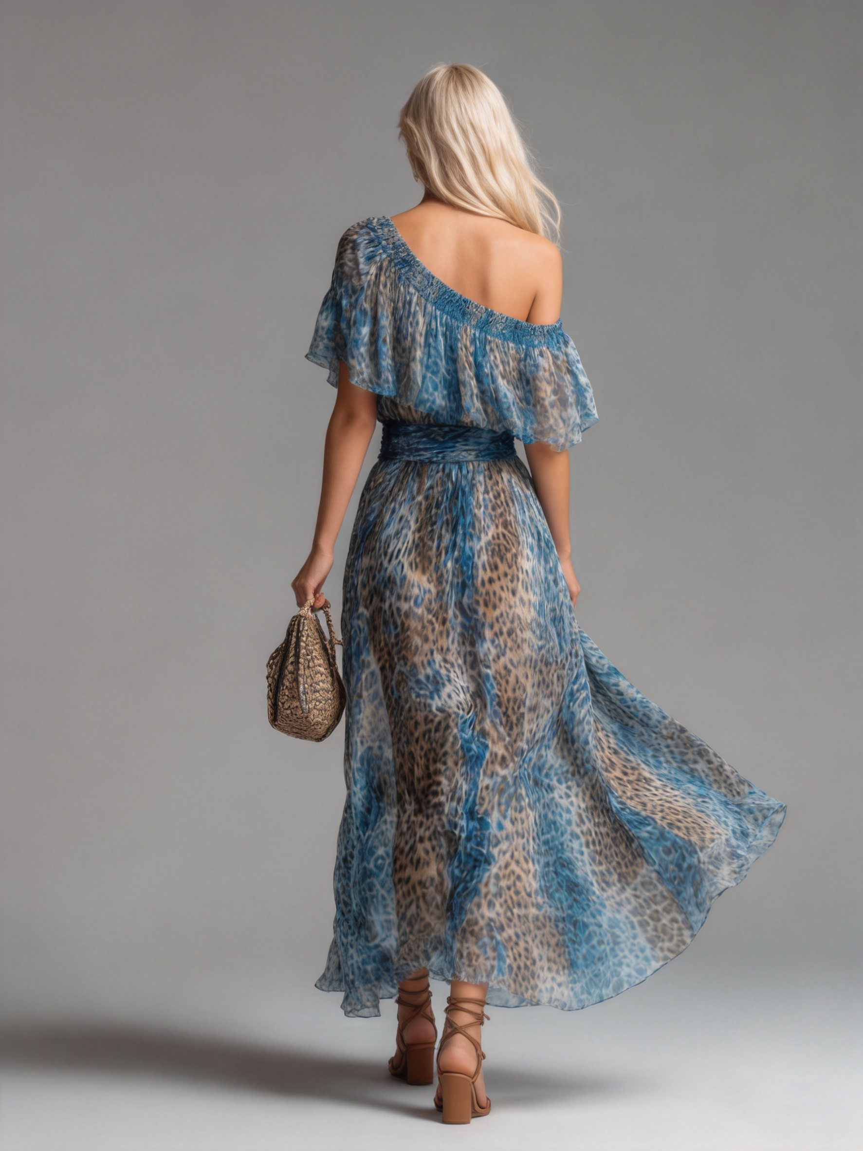 Wild - Lungo abito in chiffon con stampa leopardata e spalle scoperte