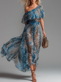 Wild - Lungo abito in chiffon con stampa leopardata e spalle scoperte