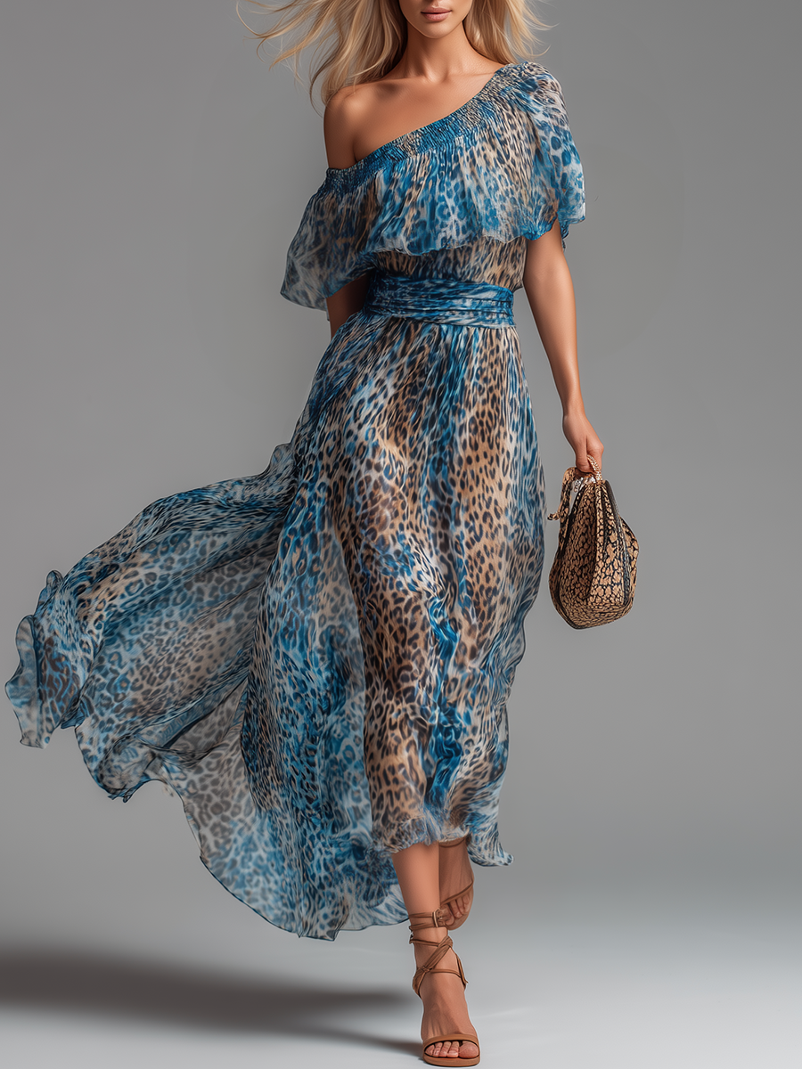 Wild - Lungo abito in chiffon con stampa leopardata e spalle scoperte