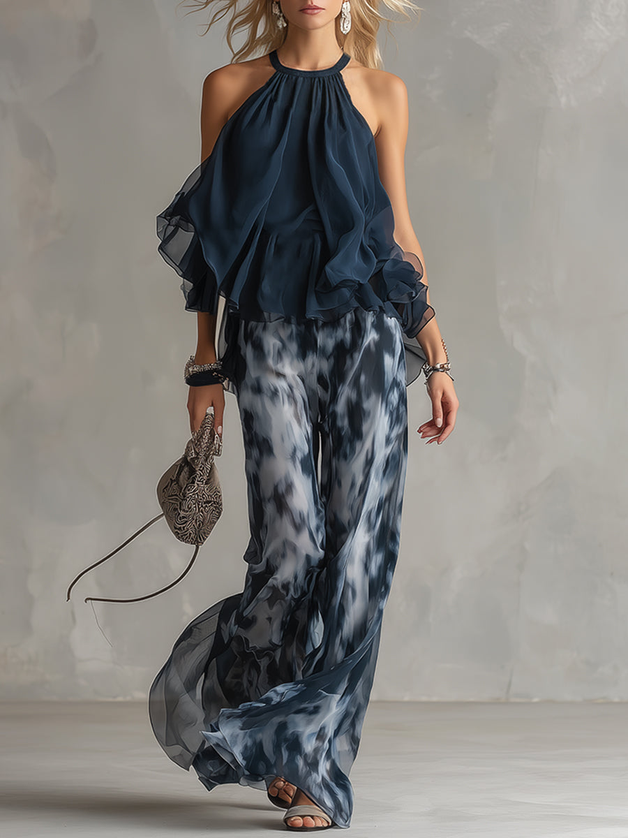 Ludovica | Elegante top blu navy a collo alto e set pantaloni stampati a gamba larga