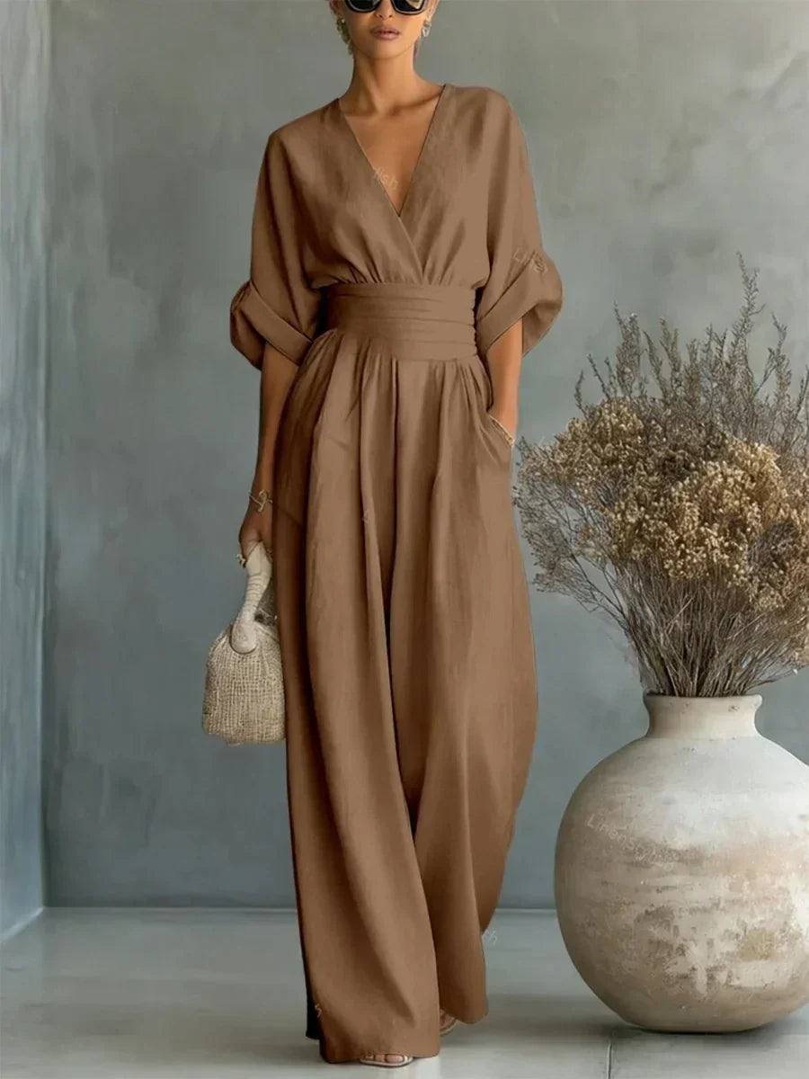 Elegante tuta a vita alta con scollo a V • S1