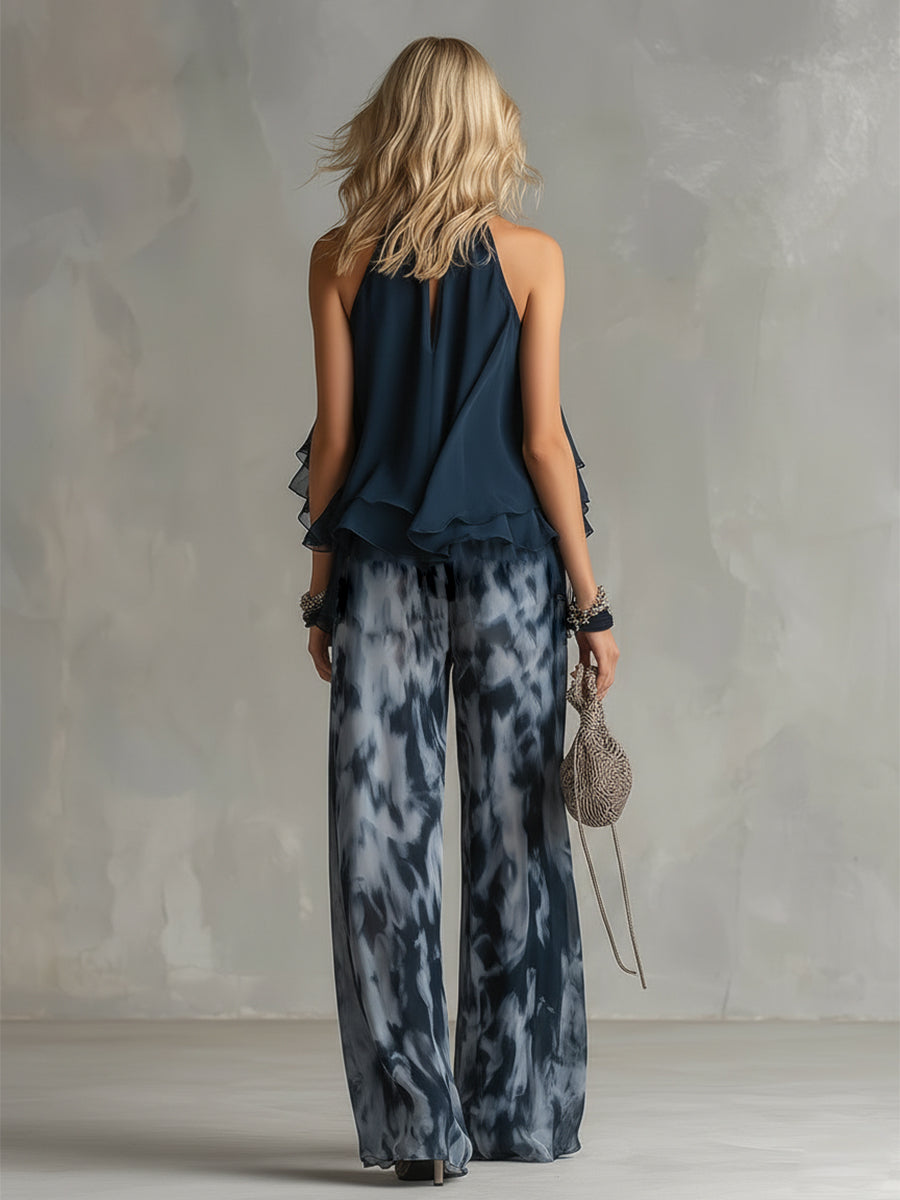 Ludovica | Elegante top blu navy a collo alto e set pantaloni stampati a gamba larga