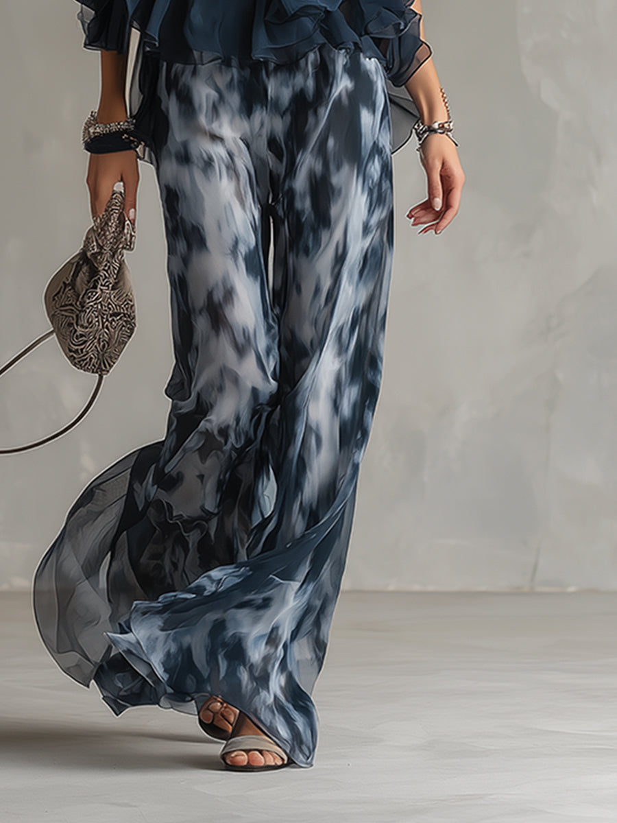 Ludovica | Elegante top blu navy a collo alto e set pantaloni stampati a gamba larga