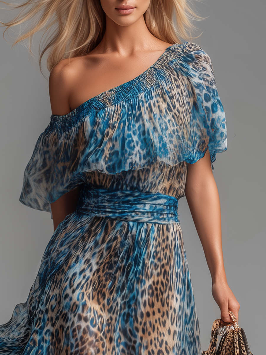 Wild - Lungo abito in chiffon con stampa leopardata e spalle scoperte