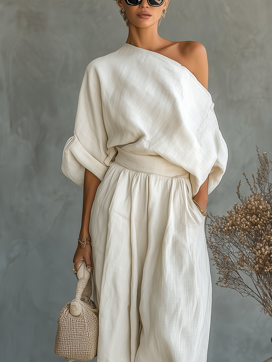 Set donna in lino bianco panna con top a spalle scoperte e pantaloni affusolati • S1