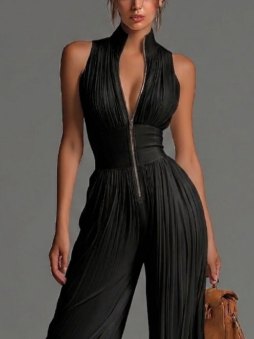 Tuta nera in chiffon con scollo a V, senza maniche, zip e pieghe a gamba larga