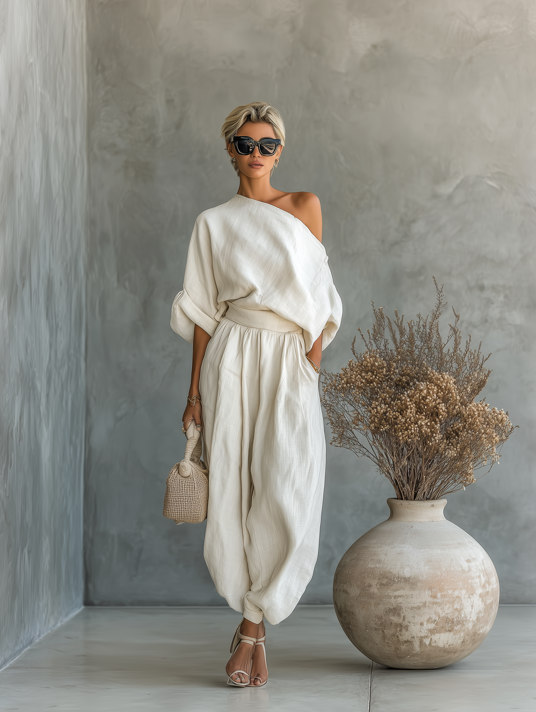 Set donna in lino bianco panna con top a spalle scoperte e pantaloni affusolati • S1